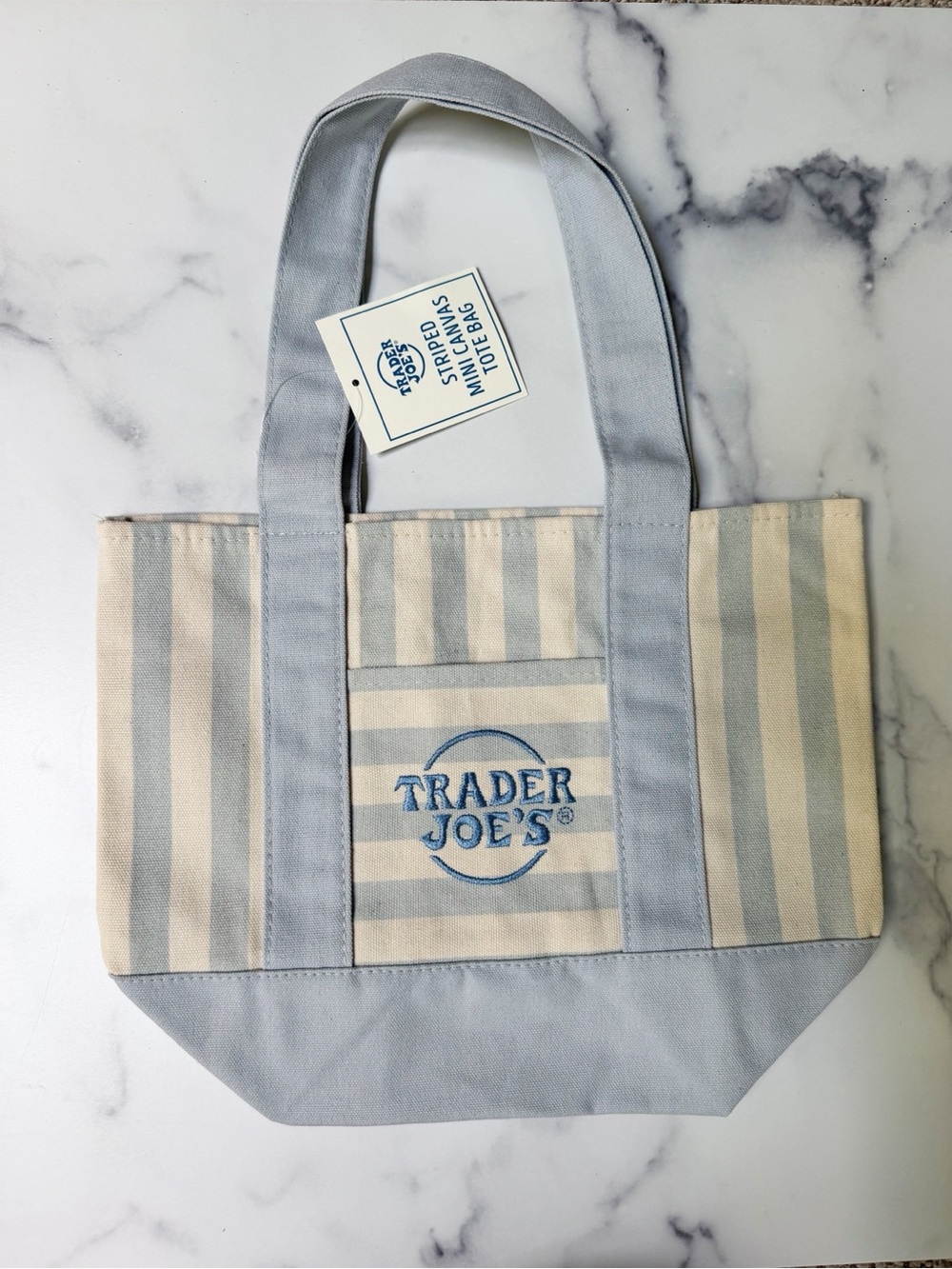 Trader Joe's Striped Mini Tote Bag, Canvas Tote in Light Blue & Cream